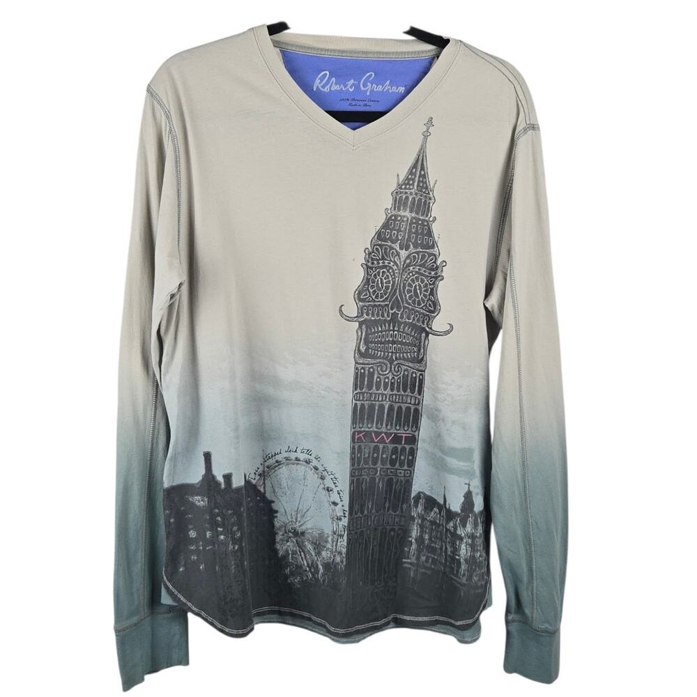 Robert Graham Big Ben Graphic Long Sleeve Tee Gray Size Medium